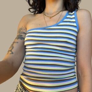Cotton On Striped One-Shoulder Tank Top - Blue, Yellow, Black, White